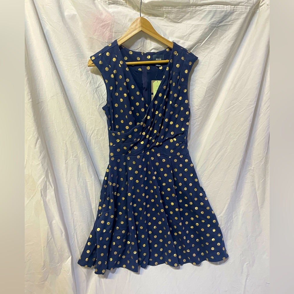 Anthropologie blue gold spot dress Maeve size medium nwt